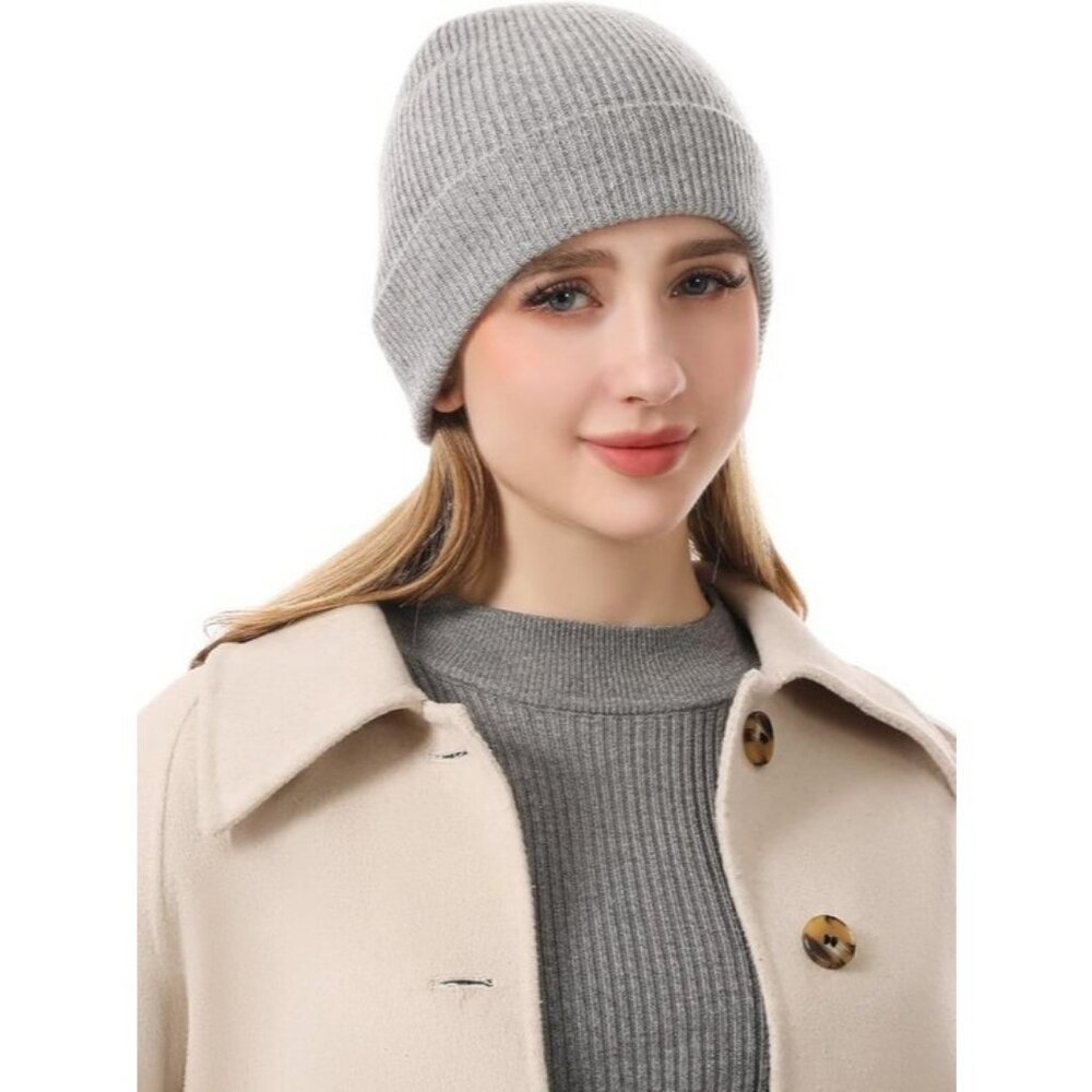 ⚡Women Grey 100% Pure Mongolian Cashmere Knit Hat Ultra Soft Winter Beanie - Picture 1 of 8